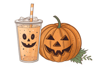 Festive pumpkin and spooky beverage celebrate autumn vibes, perfect for Halloween gatherings at home or local events featuring seasonal treats  festive, treat, party, decoration, fall, gathering, oran