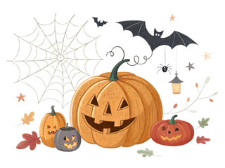 Colorful Halloween decorations featuring carved pumpkins, bats, and spider webs in a festive autumn setting  lantern, leaves, seasonal, celebration, spooky, orange, black, cute, holiday, art, graphic,