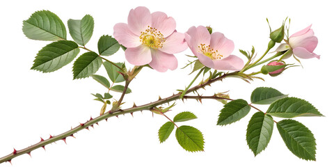 Delicate pink wild roses bloom against a simple white backdrop, showcasing their soft petals and thorny stems, creating a natural yet elegant appearance  botanical, garden, soft, delicate, blossoms, n