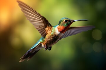 Fototapeta premium Captivating Close-Up of Hummingbird in Flight, Vibrant Wildlife Photography, Exotic Bird in Motion, Nature and Ornithology, High Resolution 8K Macro Image