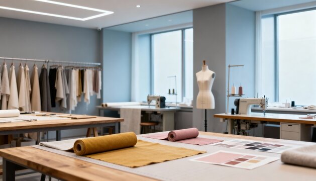 Bright Fashion Design Studio with Sewing Machines, Fabric Swatches, Mannequins and Clothing Samples