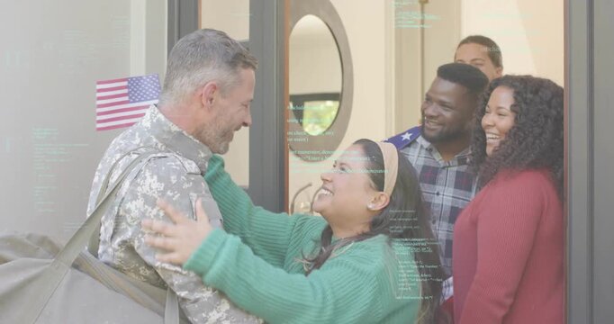 Opening door revealing partner, soldier carrying duffel embracing under draped US flag homecoming - Powered by Adobe