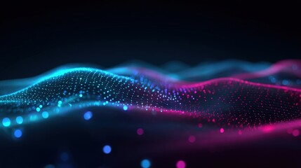 Abstract Digital Wave Background with Glowing Particles in Blue and Pink Gradient Colors