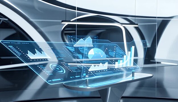 Futuristic holographic data dashboard in modern control room