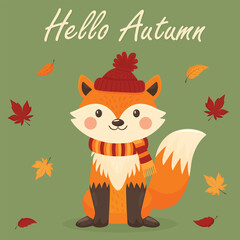 Hello Autumn fox with scarf and hat vector illustration.