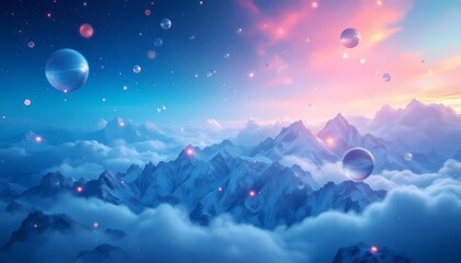 Surreal cosmic landscape with floating planets above mountain peaks
