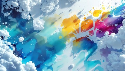 Abstract colorful paint splash with clouds and bright energy