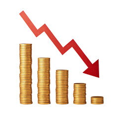 "Falling stack of gold coins with red downward arrow, financial crisis concept, economic decline, money loss, business recession, stock market crash illustration isolated on white background"