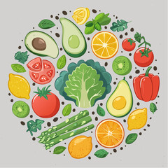 Pixel Art Style Fruits and Vegetables in Circle on Gray Background