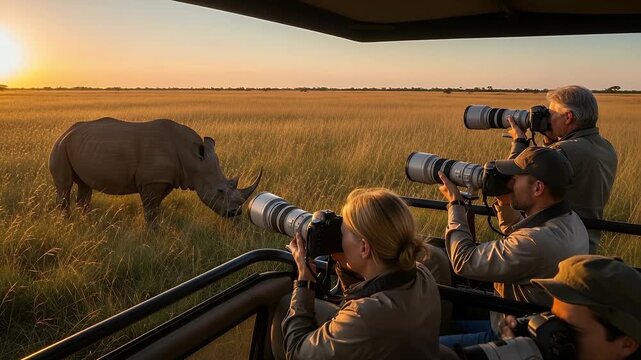 Wildlife Photography Safari: A group of avid photographers on safari in an open-top vehicle focuses their lenses on a majestic rhinoceros.