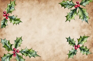 Vintage christmas background with green holly leaves and red berries on rustic texture