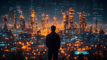Silhouette of a person overlooking a vast glowing industrial city at night with digital data overlays