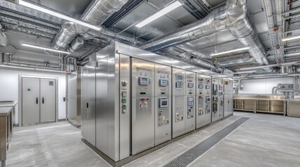 Modern Industrial Electrical Room with Stainless Steel Control Panels and Advanced Ventilation System