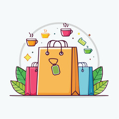 Colorful Shopping Bags with Teacup Icons and Green Leaves