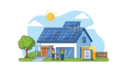 Happy family embraces green living with solar panels on their roof powering a sustainable lifestyle for a brighter future and clean energy solution, Generative AI.