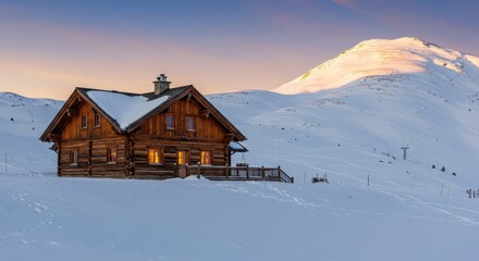 Fototapeta premium Cozy Wooden Cabin in Snowy Landscape with Mountain Peak Under Golden Hour Light