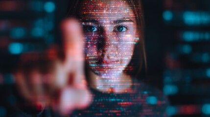 A young woman interacts with a vibrant, digital interface, showcasing a blend of technology and human engagement through colorful data visualization.