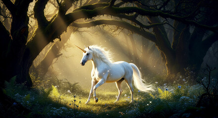 Unicorn in a Sunlit Forest