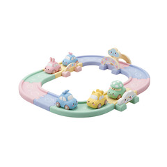 A whimsical children's toy race track in soft pastel colors featuring cute animal-themed cars, isolated on a white background
