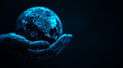 A digital hand holds a glowing, wireframe globe, symbolizing technology and global connectivity against a dark background.