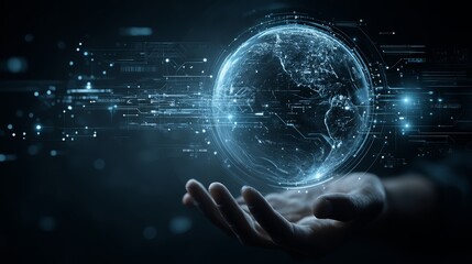 A futuristic hand holds a glowing, digital Earth, surrounded by abstract data streams and technology, symbolizing innovation and global connectivity.