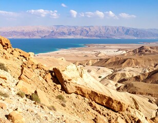 Desert landscape meets a tranquil sea, rocky hills slope down to a light blue body of water