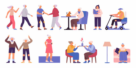 Diverse group of elderly people enjoying various activities and hobbies in a flat design style