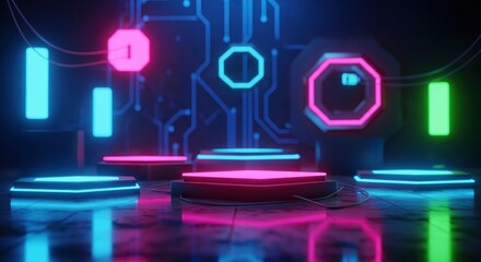Cyberpunk scene with glowing platforms neon shapes and circuitlike background