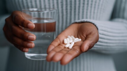 A person holds a glass of water in one hand and pills in the other, suggesting a moment of medication or health-related activity.