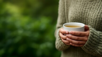 A cozy scene featuring a person holding a cup of tea while wearing a knitted sweater, surrounded by lush greenery.