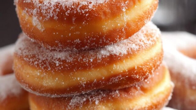 Close-up of sugared donuts stacked