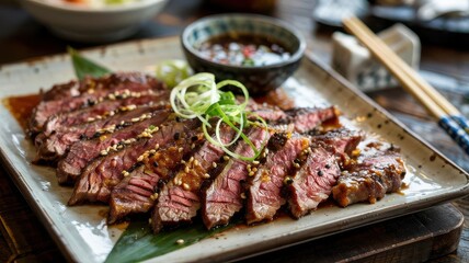 Marinated flank steak sliced and arranged on white serving plate with sesame seeds, green onion curls, and dipping sauce bowl with chopsticks on wooden table