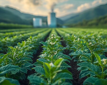 Vast green agricultural fields extend towards industrial power plants on a hazy mountain landscape at dawn - Powered by Adobe