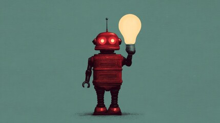 A whimsical robot holds a glowing light bulb, symbolizing creativity and innovation against a muted background.