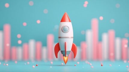 A vibrant rocket stands on a pastel backdrop, surrounded by colorful spheres, symbolizing innovation and exploration.