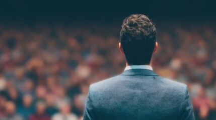 A man stands on stage, facing a large audience, exuding confidence and anticipation in a professional setting.
