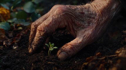 Elderly man gardening weathered hands gently protecting delicate green seedling emerging from dark rich soil in natural garden setting with soft sunlight