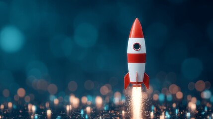 A sleek, red-and-white rocket is launching against a blurred, blue background filled with glowing lights, symbolizing innovation and exploration.
