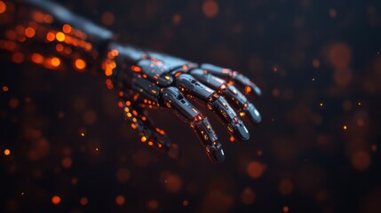 A futuristic robotic hand with glowing elements, set against a dark background filled with shimmering particles.