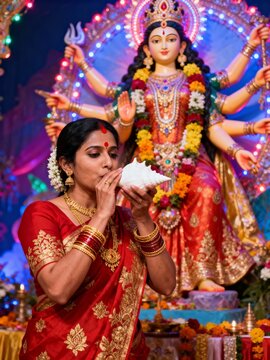 Devotee and Goddess: A woman in a traditional red sari, adorned with gold jewelry, blows a conch shell in front of a vibrant Durga idol, capturing a moment of reverence and spiritual connection.