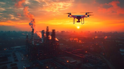 A drone flies over a sprawling industrial complex at sunset symbolizing advanced technology monitoring the environment