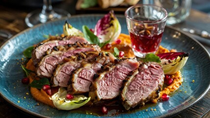 Grilled goose breast slices perfectly cooked with pink center on blue ceramic plate with charred vegetables, pomegranate seeds and reduction sauce