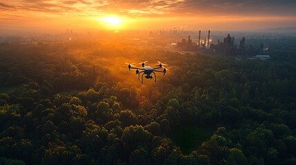 Fototapeta premium A drone flies over a lush forest during a golden sunset with an industrial complex in the distance