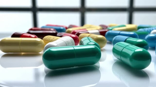 A colorful assortment of pills scattered across a surface, ideal for medical, pharmaceutical, or scientific illustrations.