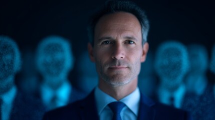 A confident man stands in focus against a backdrop of indistinct, digital figures, embodying themes of leadership and technology.