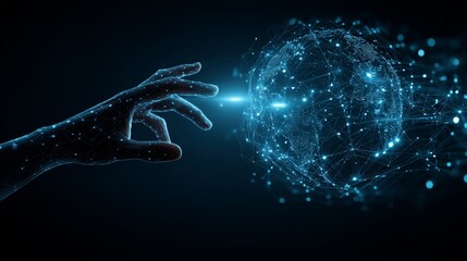 A digital hand reaches towards a glowing, interconnected sphere, symbolizing technology and connectivity in a futuristic setting.