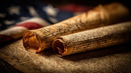 Declaration of Independence and United States Constitution Scroll with American Flag background, historical document