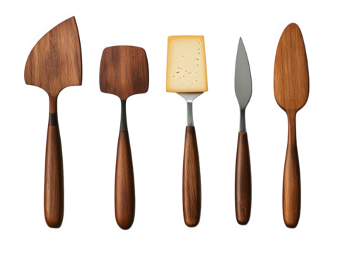Cheese knives and serving tools with wooden handles isolated on transparent background