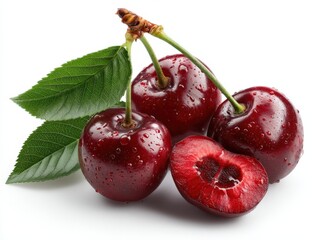 Bright red cherries with green leaves on a clean white background