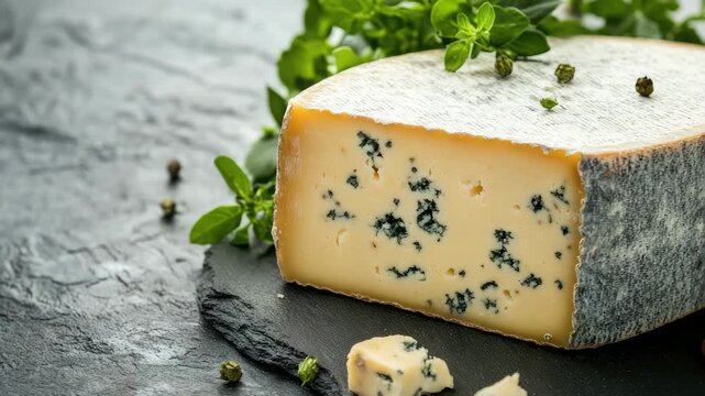 Blue cheese on slate board with herbs Crumbly texture, veined pattern